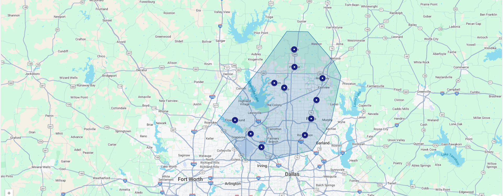 Map of cities Backyard Creations serves: Plano, Frisco, Allen, Prosper, McKinney, Little Elm, Flower Mound